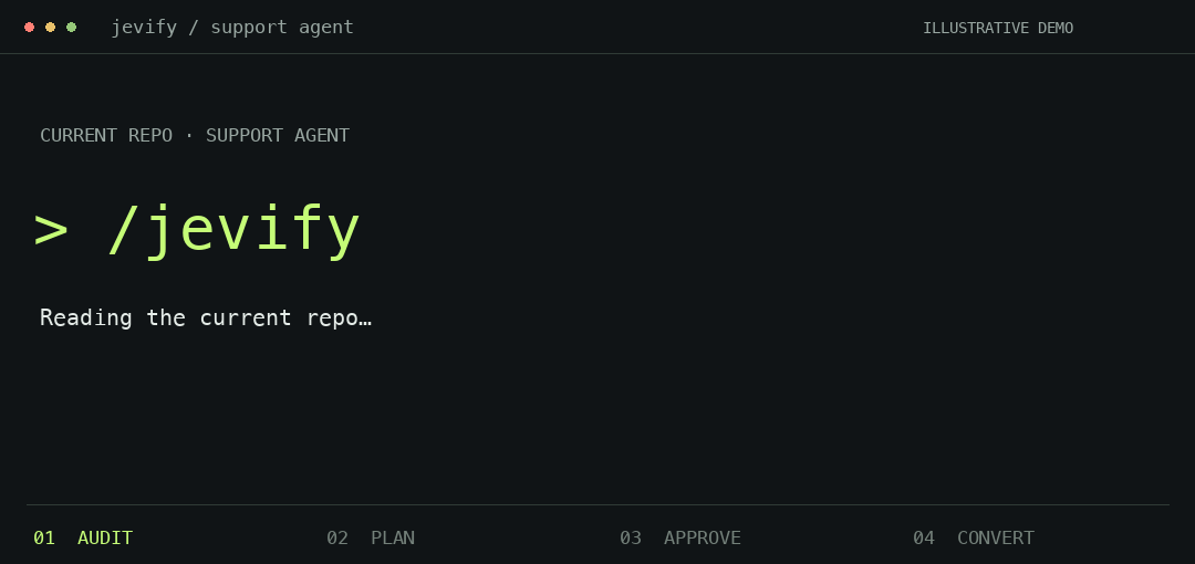 Illustrative shell demo: run Jevify, see the plan, approve a branch, review the conversion